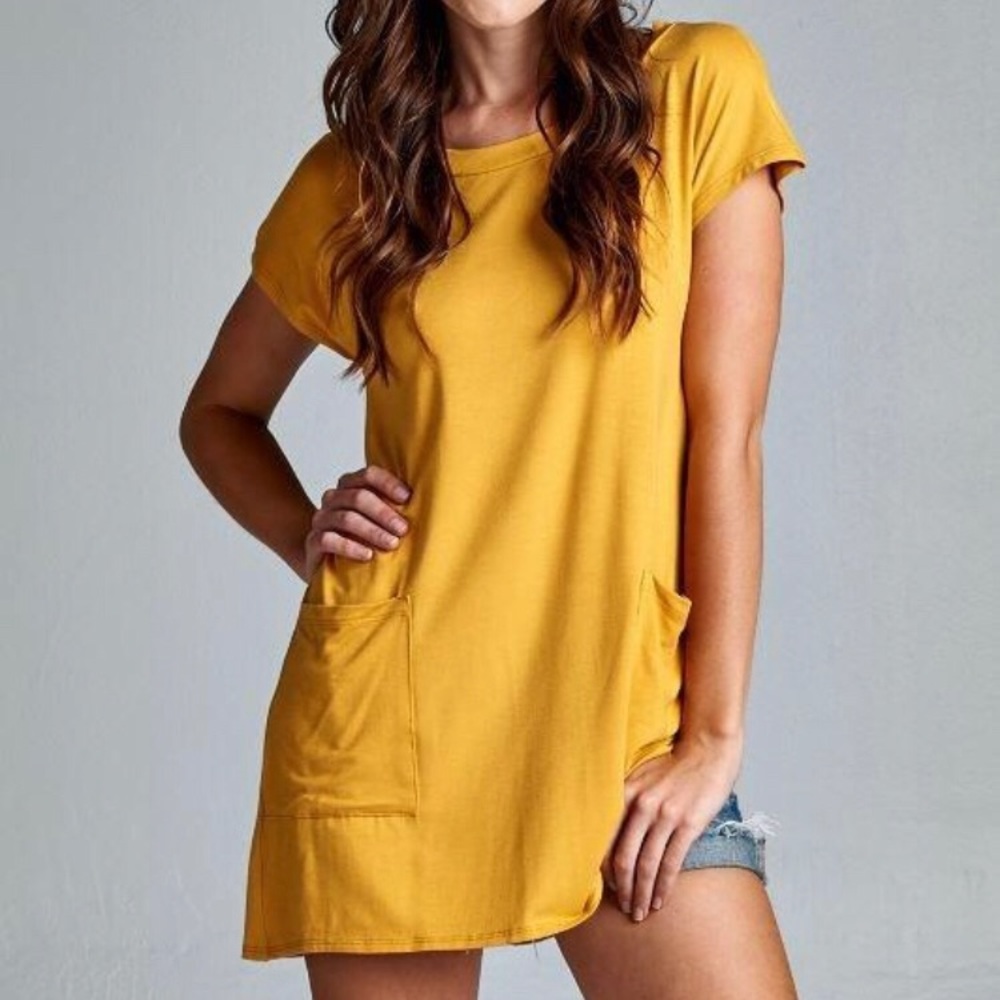 Mustard Tunic Tee Top with Buttons Down Back